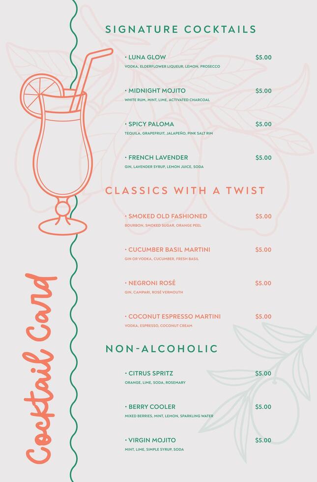 Sophisticated minimal cocktail card design for Luna Bistro featuring clean lines, modern typography, and elegant layout for refined drink menus. vector