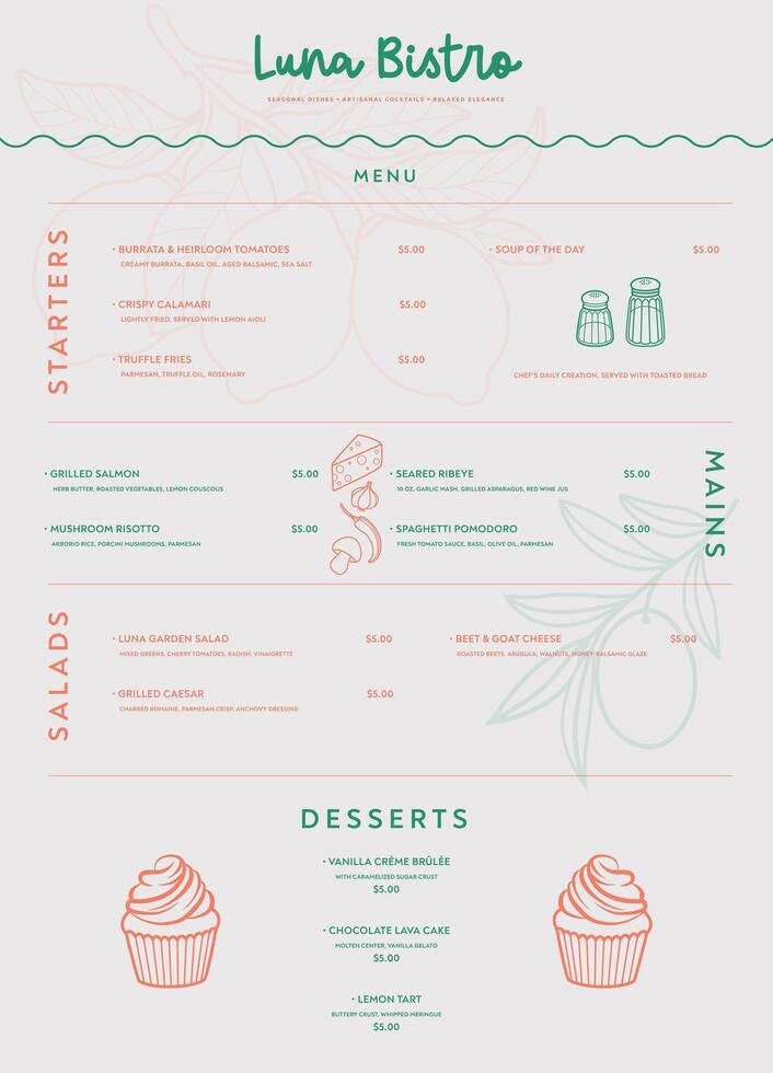 Elegant minimalistic restaurant menu design for Luna Bistro featuring modern typography, clean layout, and refined visual elements perfect for upscale dining. vector