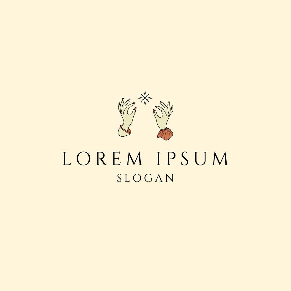 Minimal logo with mystical hands and star symbol, ideal for spiritual, esoteric, beauty, or creative brands seeking a magical aesthetic. vector