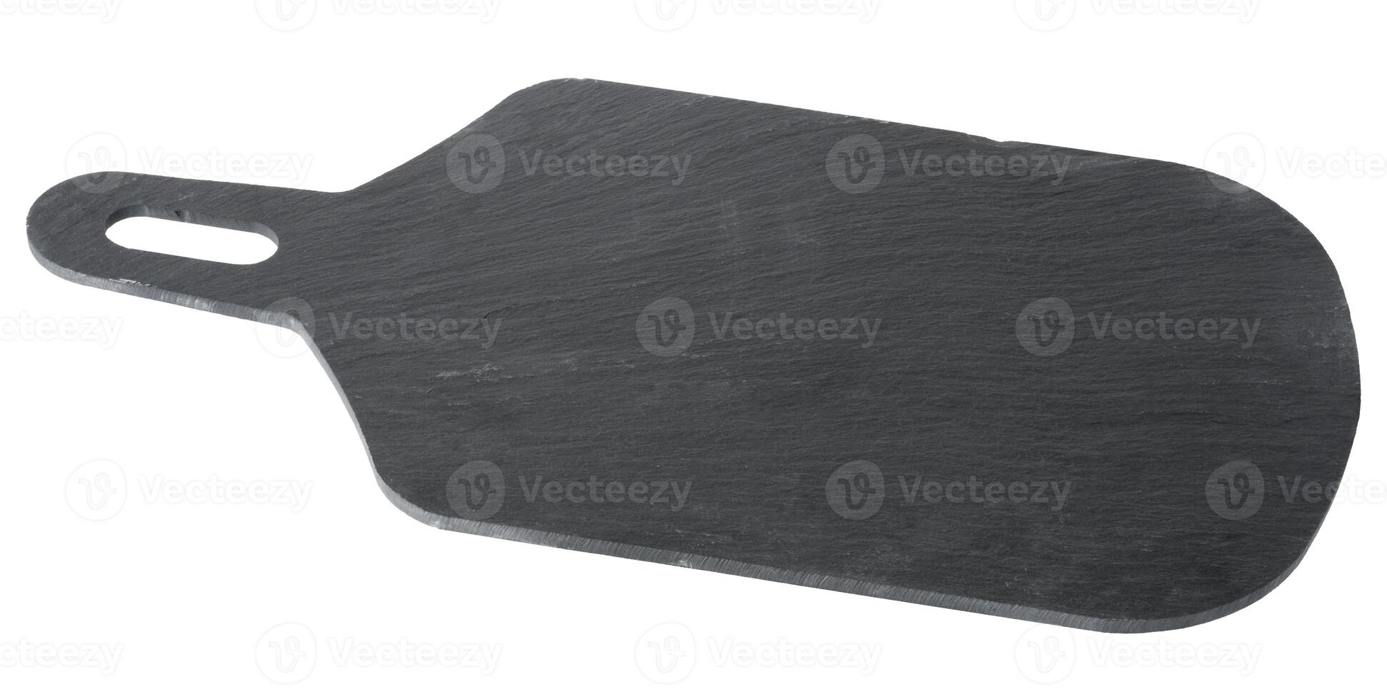 Back slate board with rounded corners and a handle with a hole is isolated on a white background photo