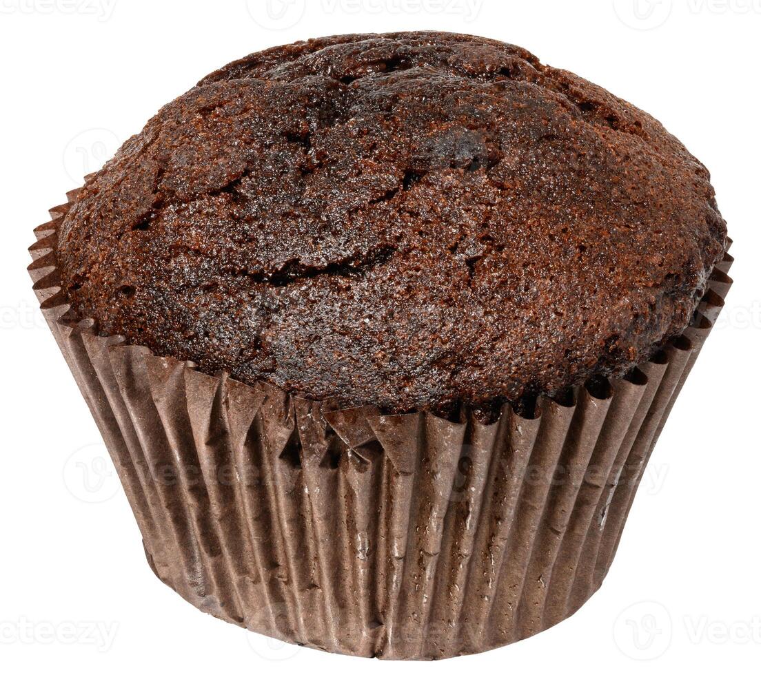Close up of one chocolate muffin in paper form, isolated background photo