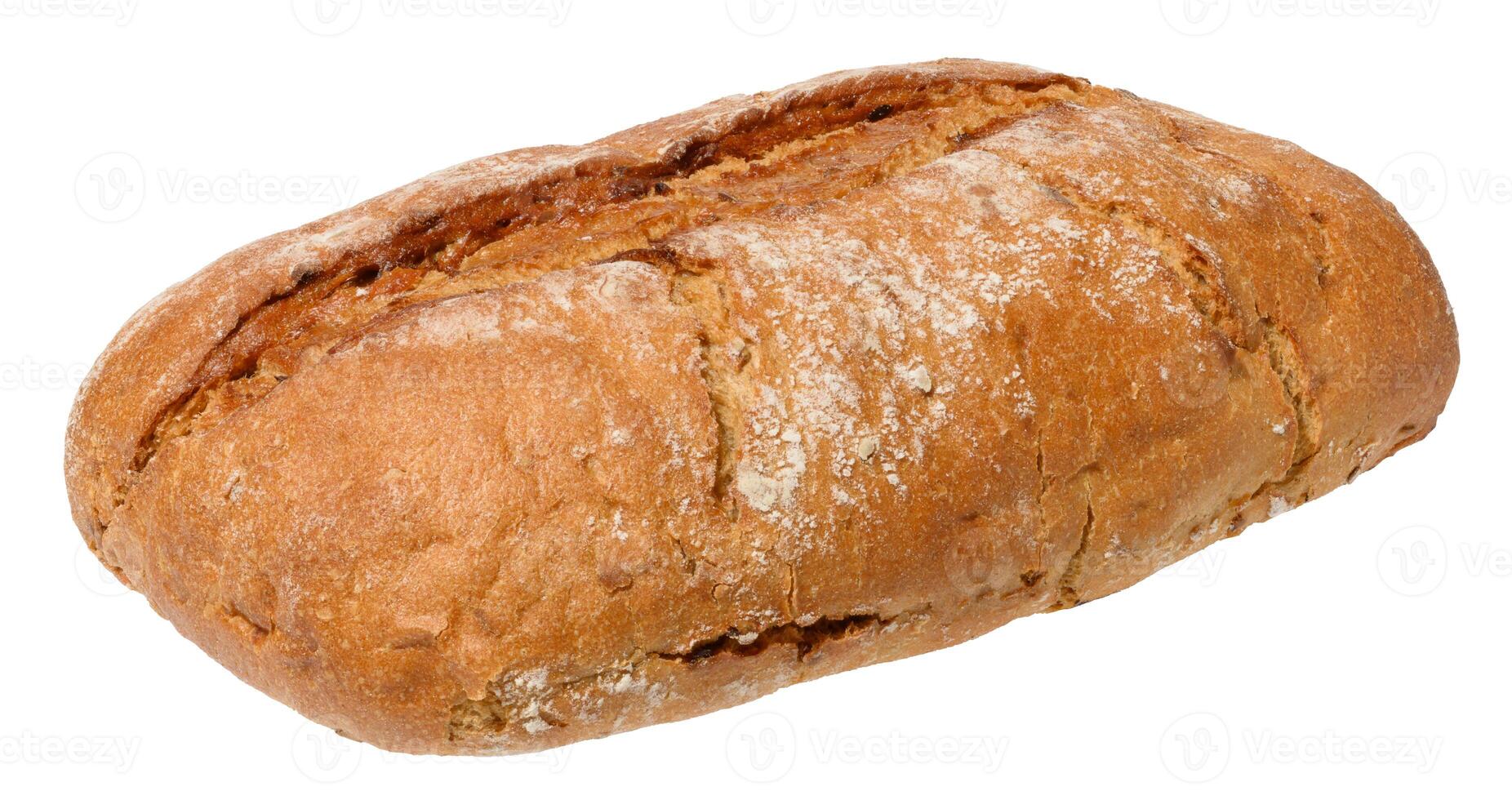 Loaf of whole grain bread with a cracked, flour-dusted crust, isolated background photo