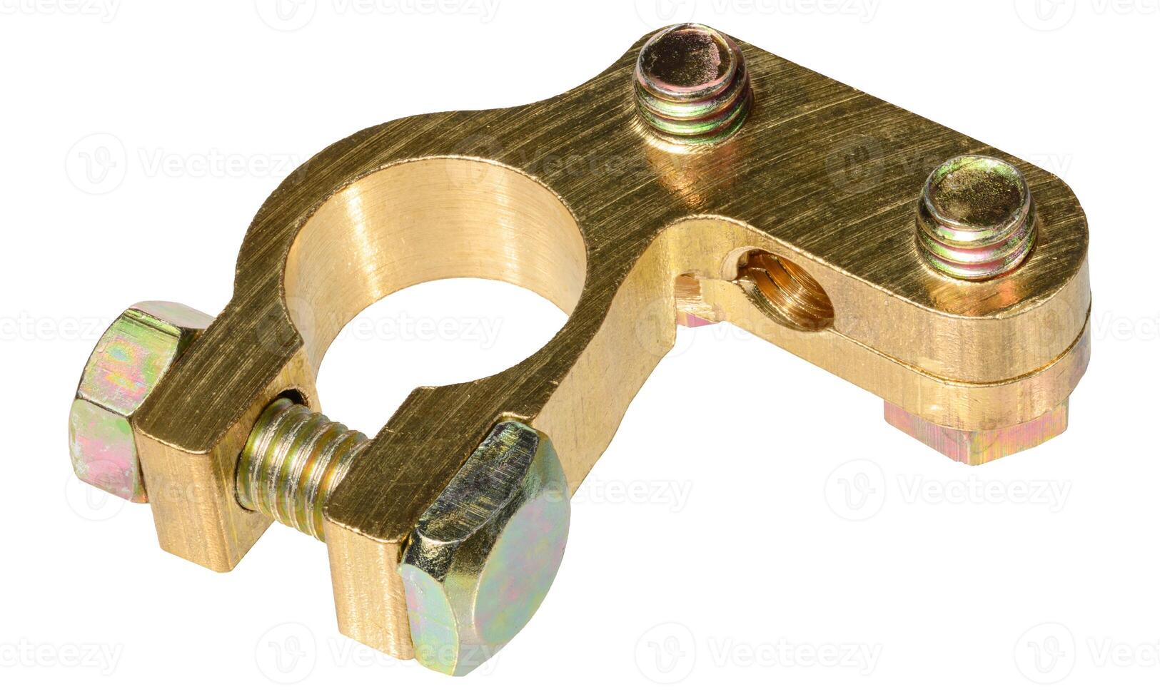 Metal car battery terminal clamp positive or negative, isolated background. Automotive electrical spare part close-up for repair or service themes photo