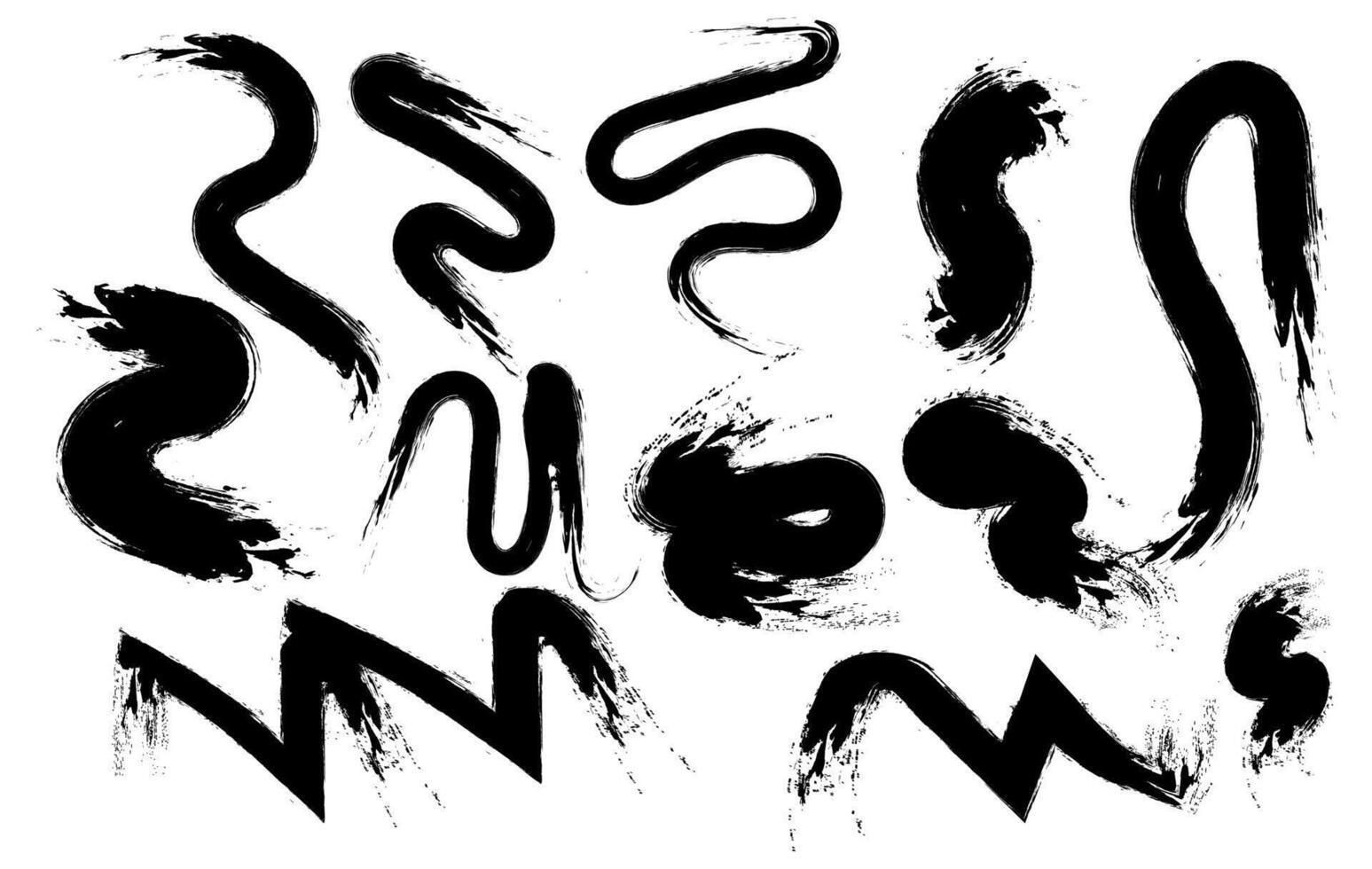 Abstract Curved Black Ink Swirl Arrow Pack Brushes , Hand Drawn Brush Stroke Grunge Collection vector