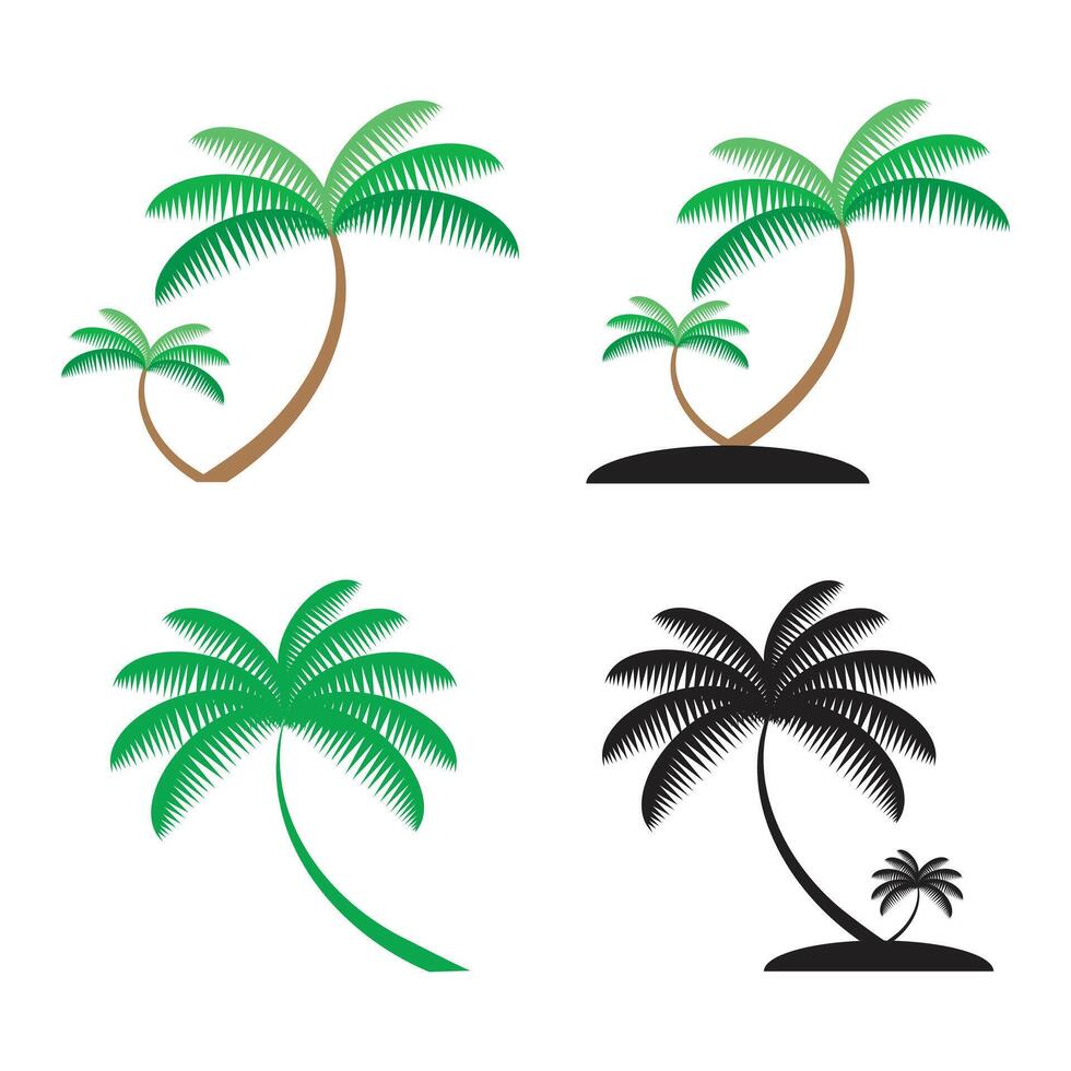 Tropical palm tree set, island beach silhouette and colored icon vector