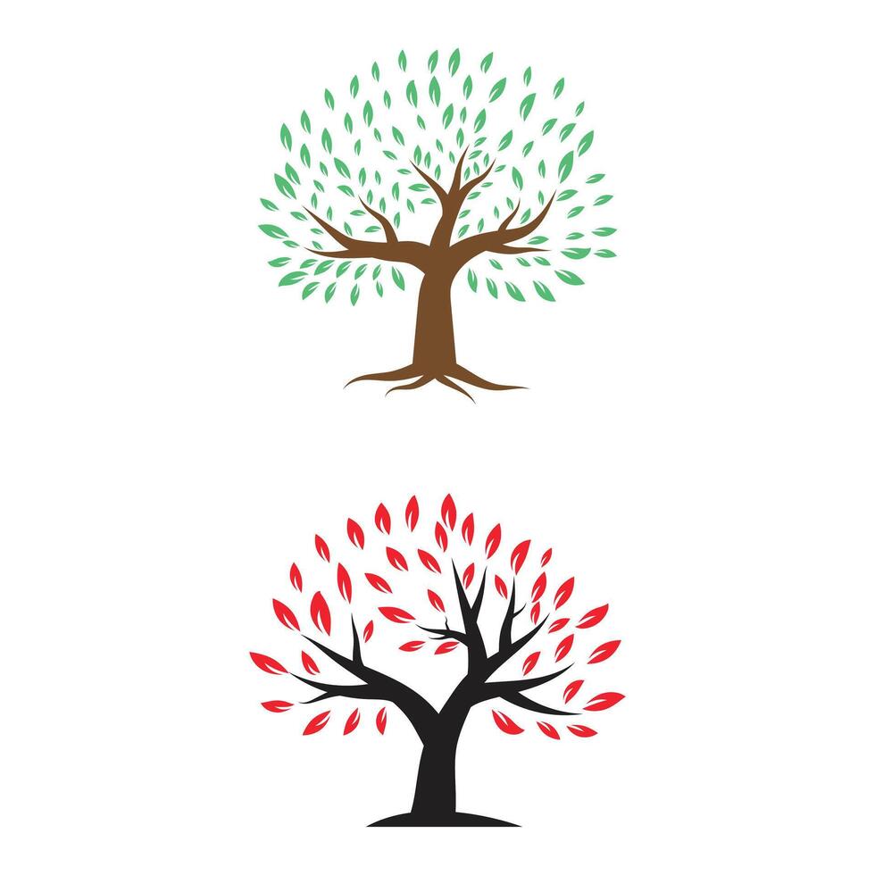 Seasonal tree design set, green and red leaf trees illustration for nature and ecology vector