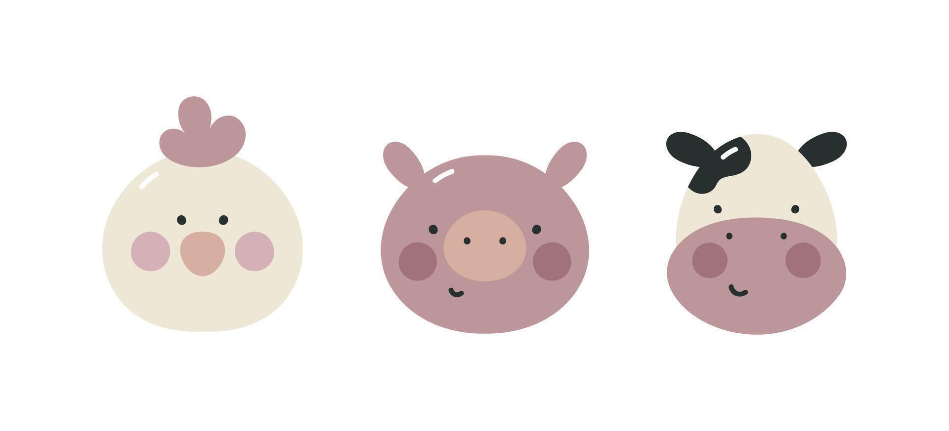 Set cute farm animals. Funny cartoon characters. Chicken, pig, cow. For fabric, wrapping, cards, textile, wallpaper, apparel. Isolated illustration in flat cartoon style on white background. vector
