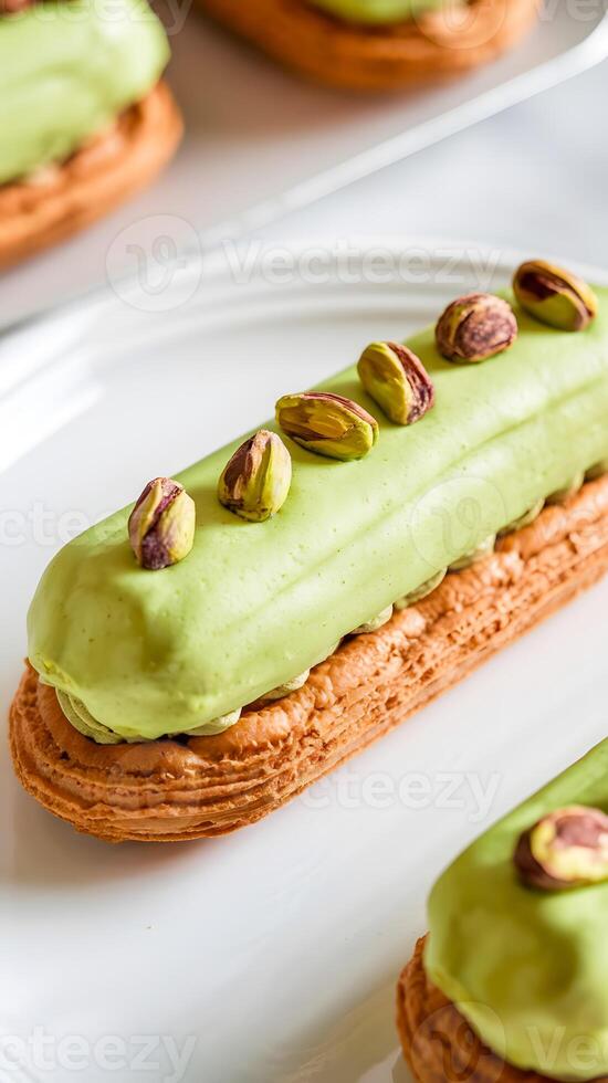 A close-up of a pistachio-flavored eclair, showcasing its rich frosting, green nuts, and golden pastry. A tempting dessert perfect for connoisseurs of fine bakery treats. photo
