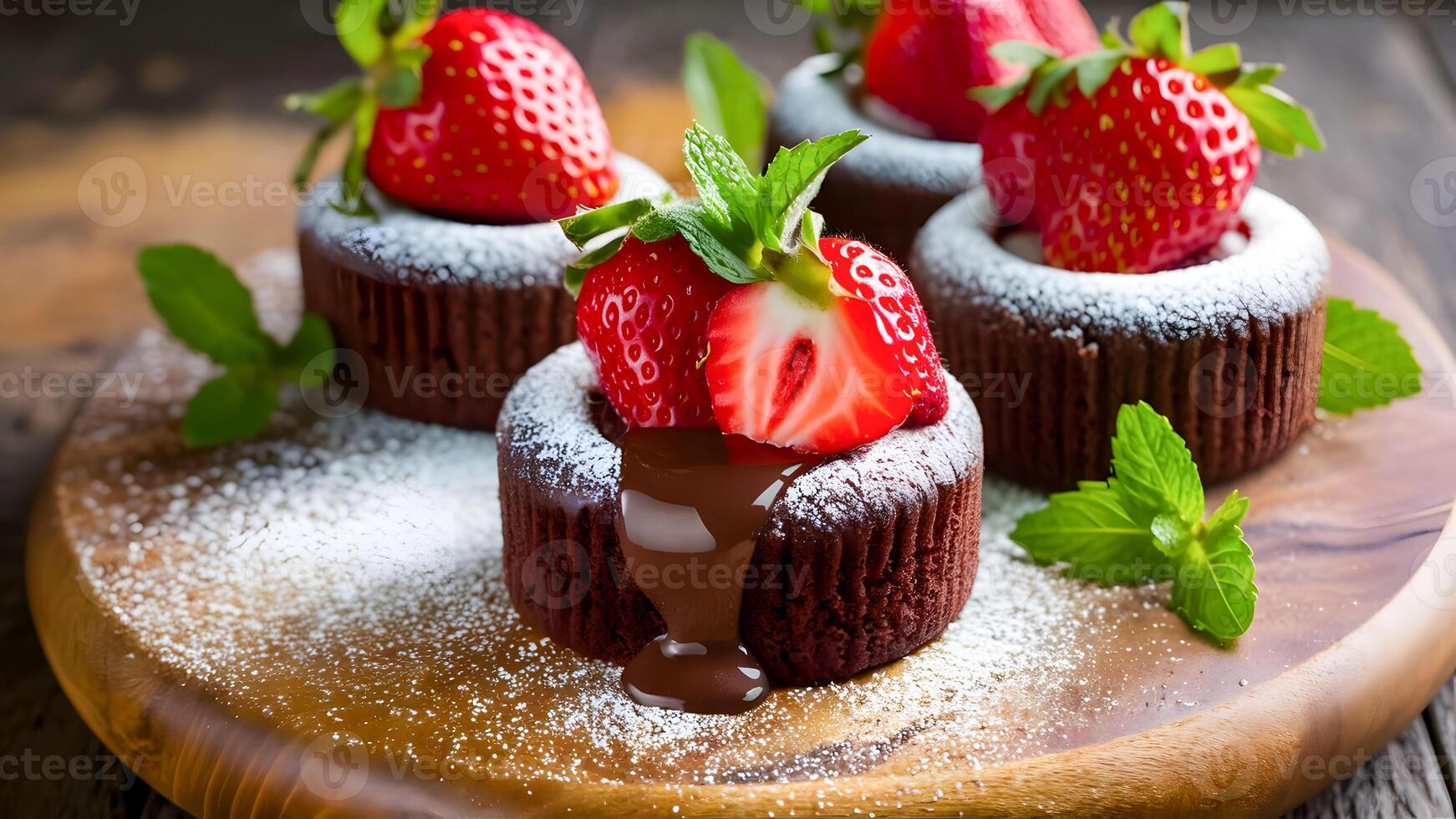 Decadent chocolate lava cake with fresh strawberries and molten chocolate center. Fine dining concept, gourmet chocolate dessert, bakery indulgence photo