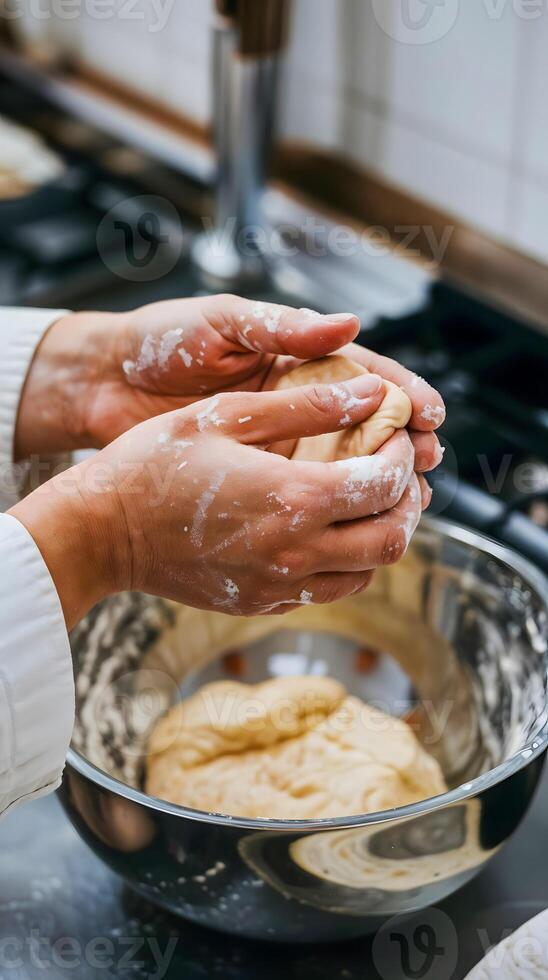 Close-up of hands preparing dough in a kitchen environment showcasing home baking and kneading skills. photo