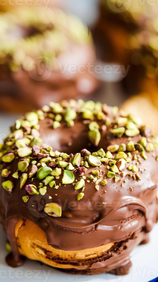 Delicious chocolate-coated donut garnished with chopped pistachios, offering a tempting dessert concept in a bright atmospheric background showcasing sweetness and indulgence. photo