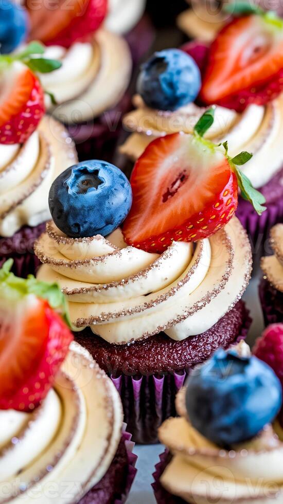 Colorful frosted cupcakes with fresh fruits like blueberries and strawberries, dessert theme for celebrations, parties, indulgent treats, highlighting details of whipped frosting, natural toppings. photo