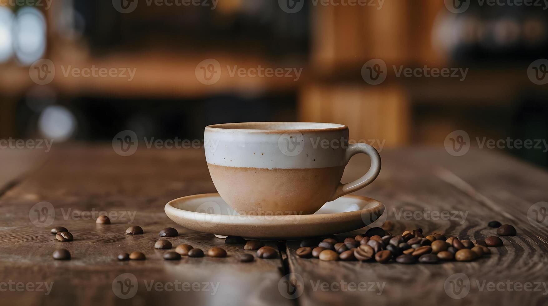 Rustic coffee cup with scattered beans, a cozy and warm morning moment photo