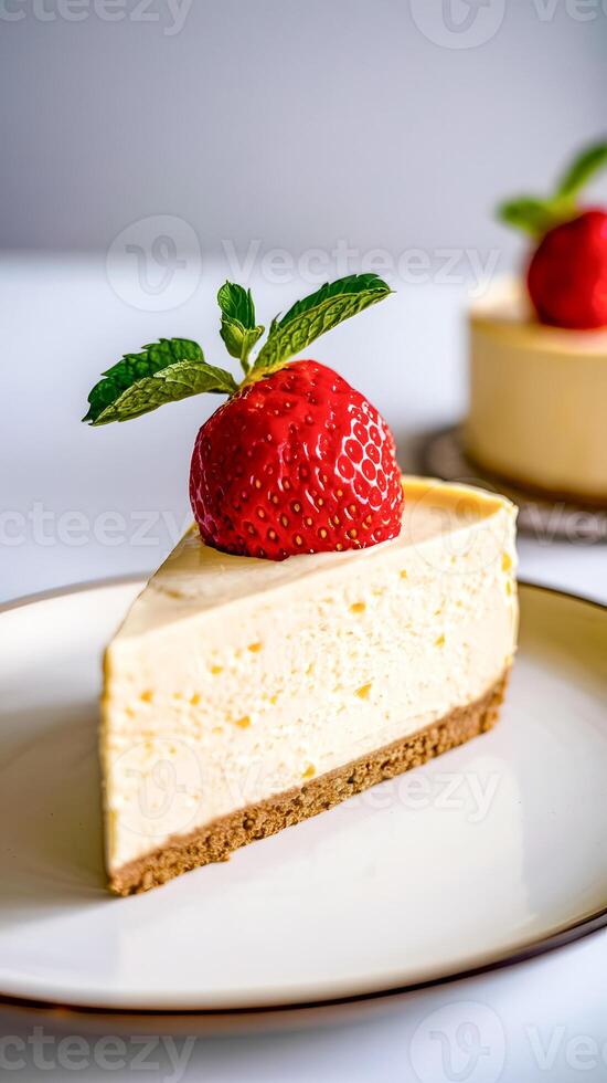 Delicious cheesecake slice adorned with a fresh strawberry and mint, highlighting sweet indulgence and dessert artistry, served on a stylish plate in a beautifully-lit setting. photo