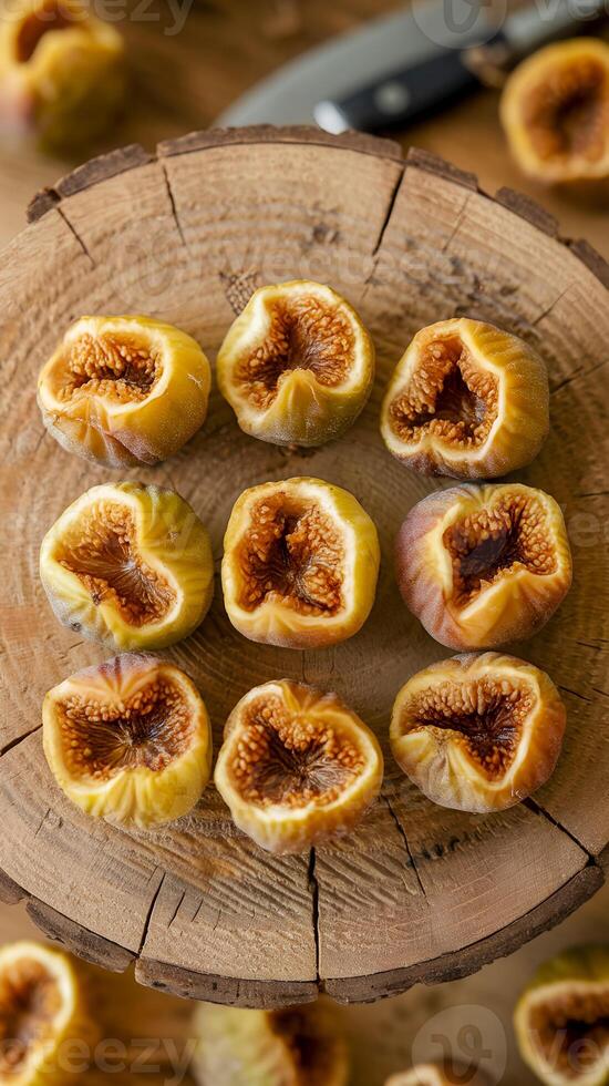 Halved ripe figs displayed on a wooden surface with visible seeds, evoking freshness and rustic charm. Ideal for culinary presentations, natural themes, or health-inspired projects. photo