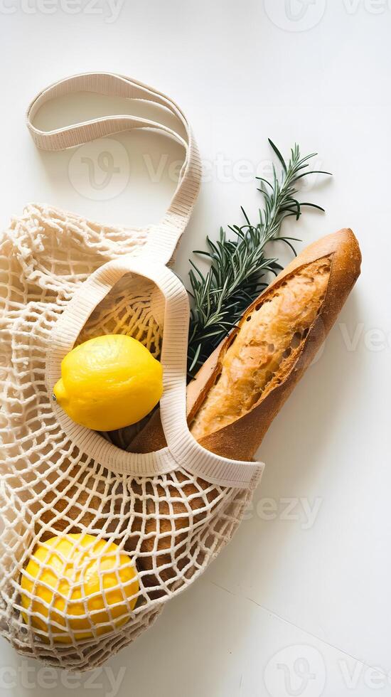 Reusable mesh bag with lemons, crusty baguette, sprig of rosemary, great for eco conscious shopping and sustainable living enthusiasts, emphasizing freshness, minimalism, natural ingredients together. photo