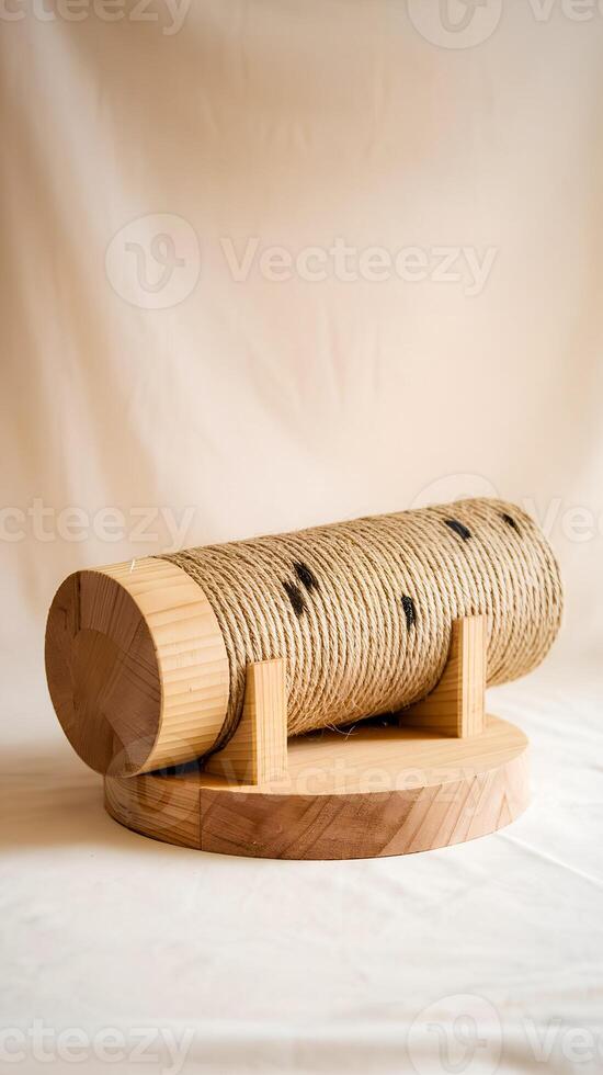 A wooden block encased in tightly wound natural fiber rope, positioned against a plain background. The design highlights simplicity, natural materials, and craftsmanship. Cat scratching post photo