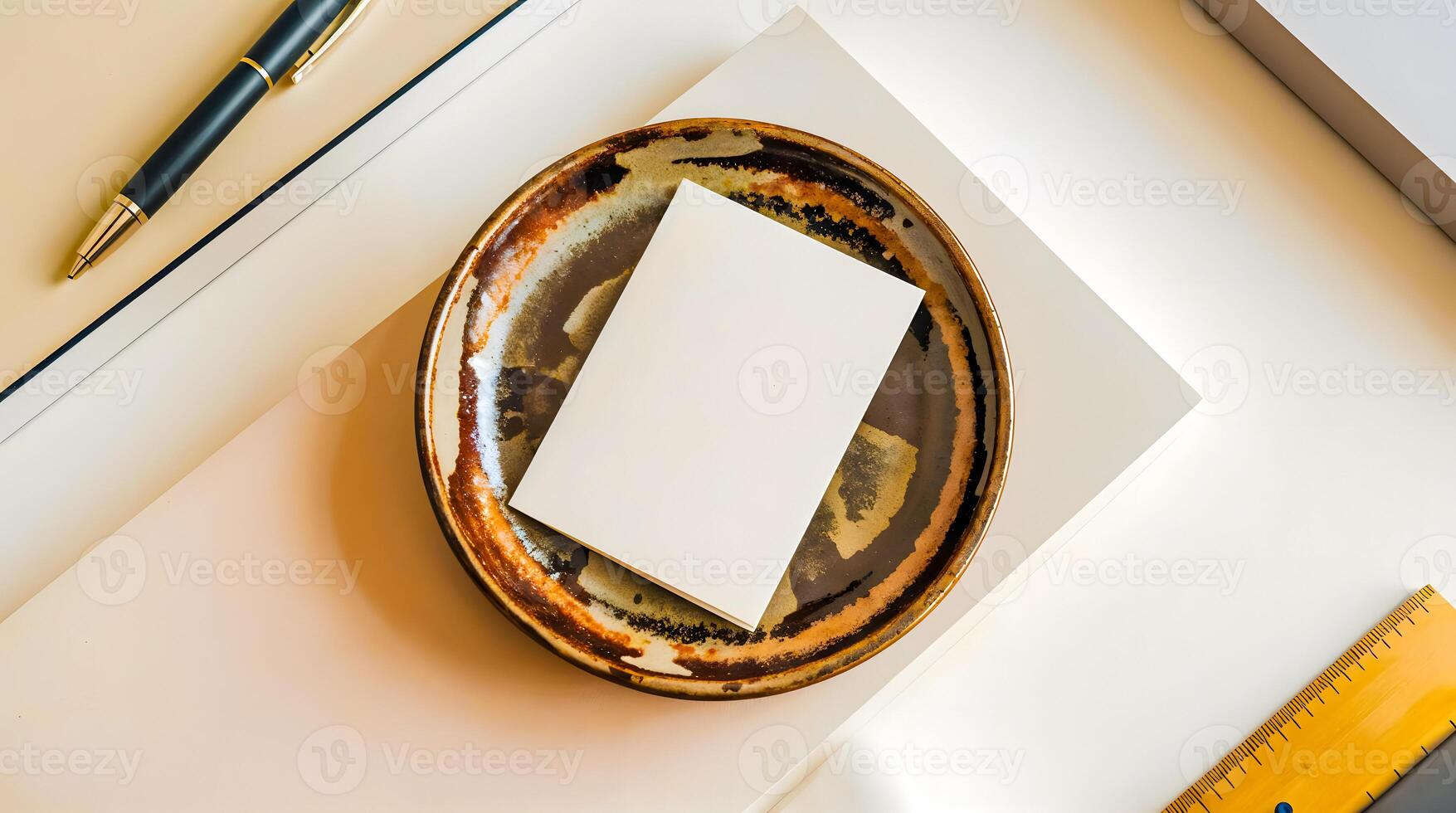 Minimalist business card mockup on ceramic plate, elegant branding concept, ideal for presentations, business identity, stationery design showcases photo