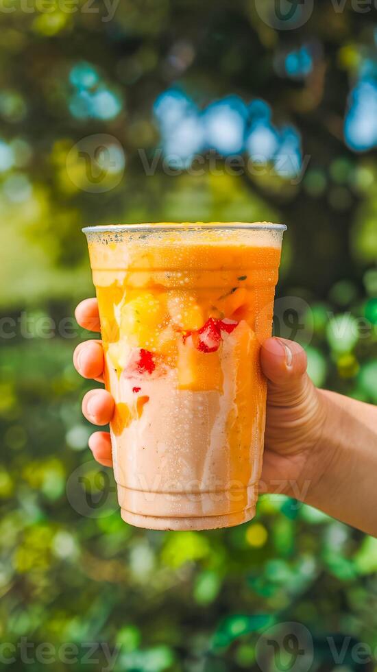 A close-up image of a vibrant mango smoothie in a hand, with a natural blurred green background, conveying freshness, tropical vibes, and summer relaxation. photo