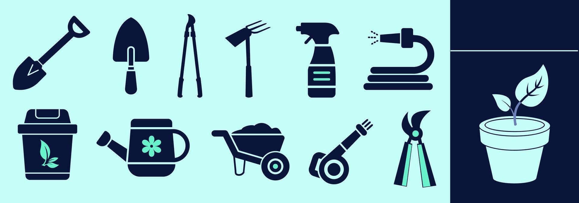 Set of gardening icons. Wheelbarrow, shovel, spade, Sprinkler, Hedge Trimmer, compost bin, leaves blower, hose, plant pot, Plant Mister, Watering Can, Loppers. Editable icon elements, size and color. vector