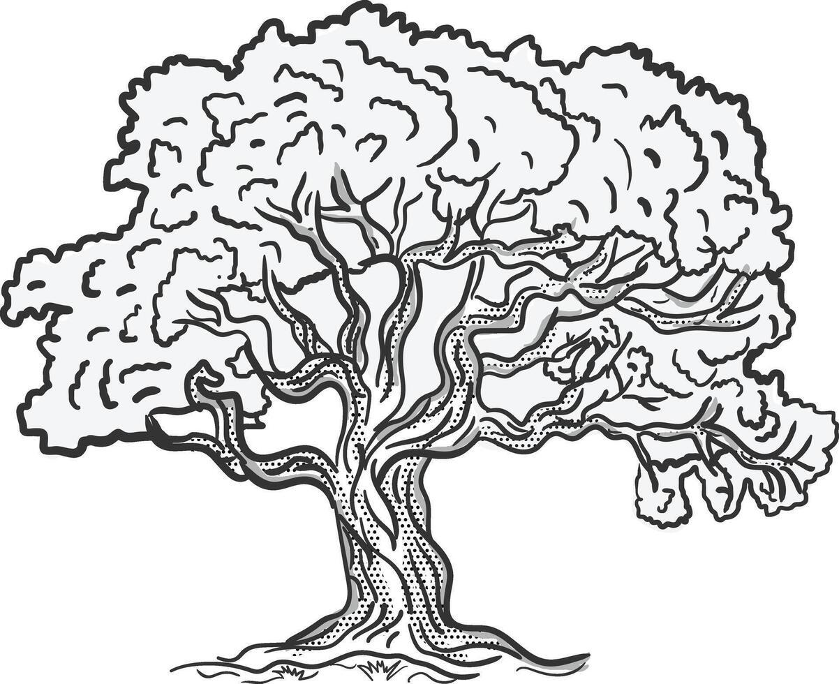 Hand Drawn Oak Tree with Curved Branches and Dense Foliage vector