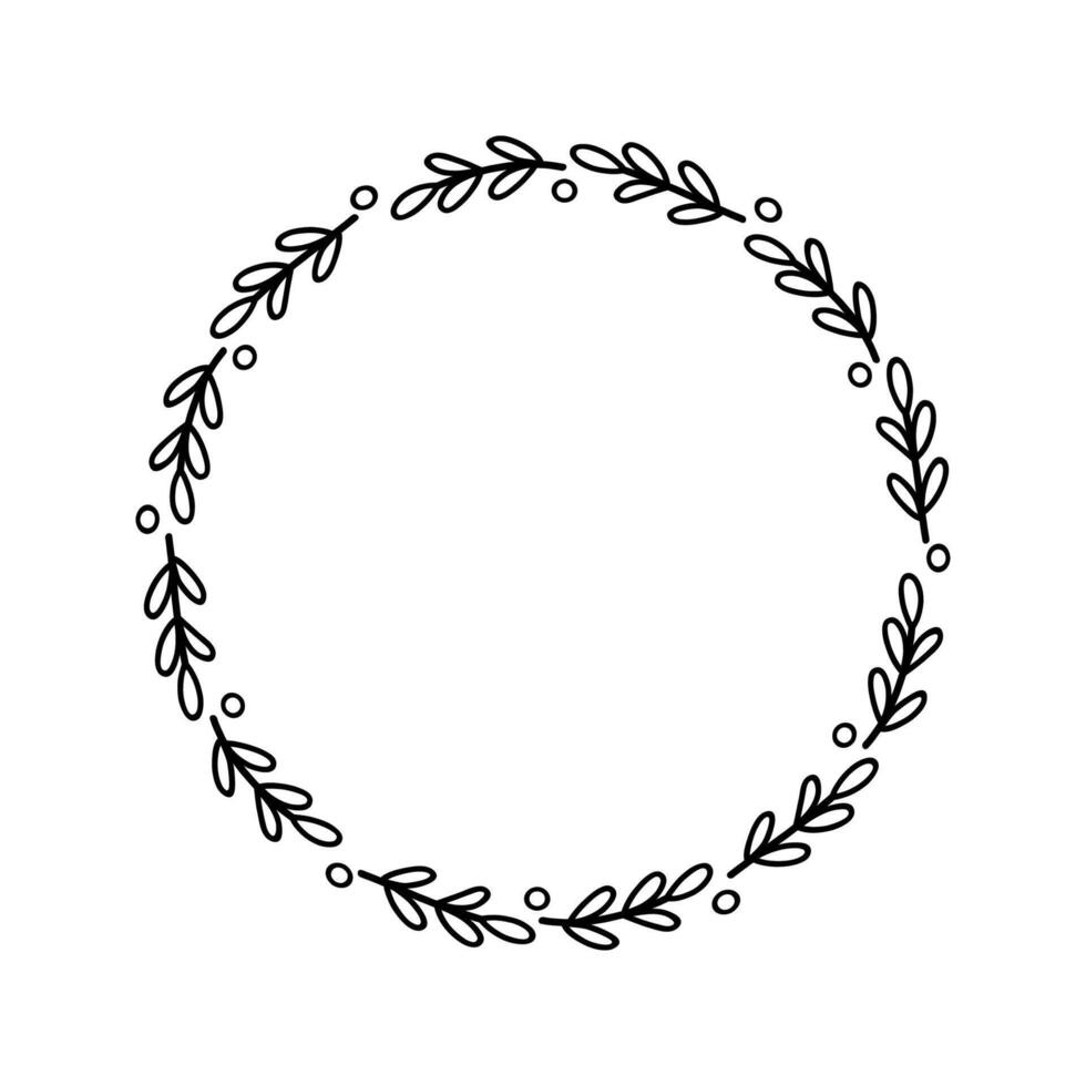 Minimal Botanical Wreath Black and White Hand-Drawn Doodle Circle Frame vector