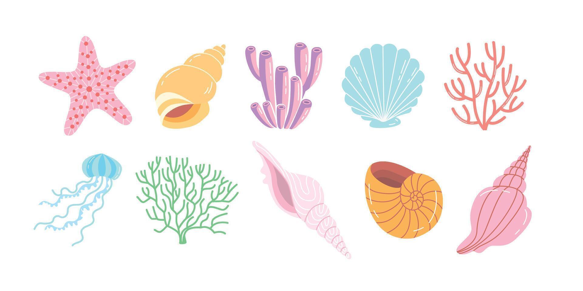 Cute sea animals and shells in cartoon style. Bright marine clipart with coral, starfish and jellyfish. Perfect for kids design and summer decor. vector