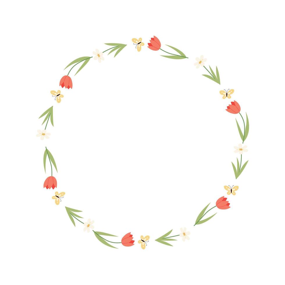 Spring Floral Wreath with Tulips and Butterflies Pastel Circle Frame vector