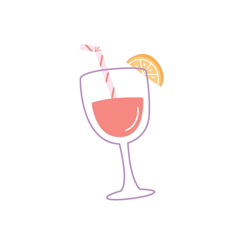 Cute hand drawn summer cocktail in a pastel glass with lemon slice. Minimal and fresh illustration in pink and yellow tones. Perfect for vacation, party or drink menu design. vector