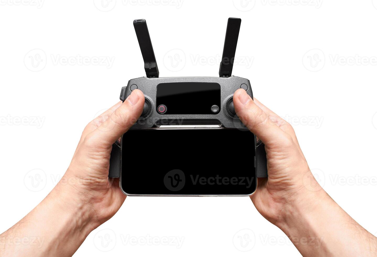 Drone remote control in a hand, isolated on a white photo
