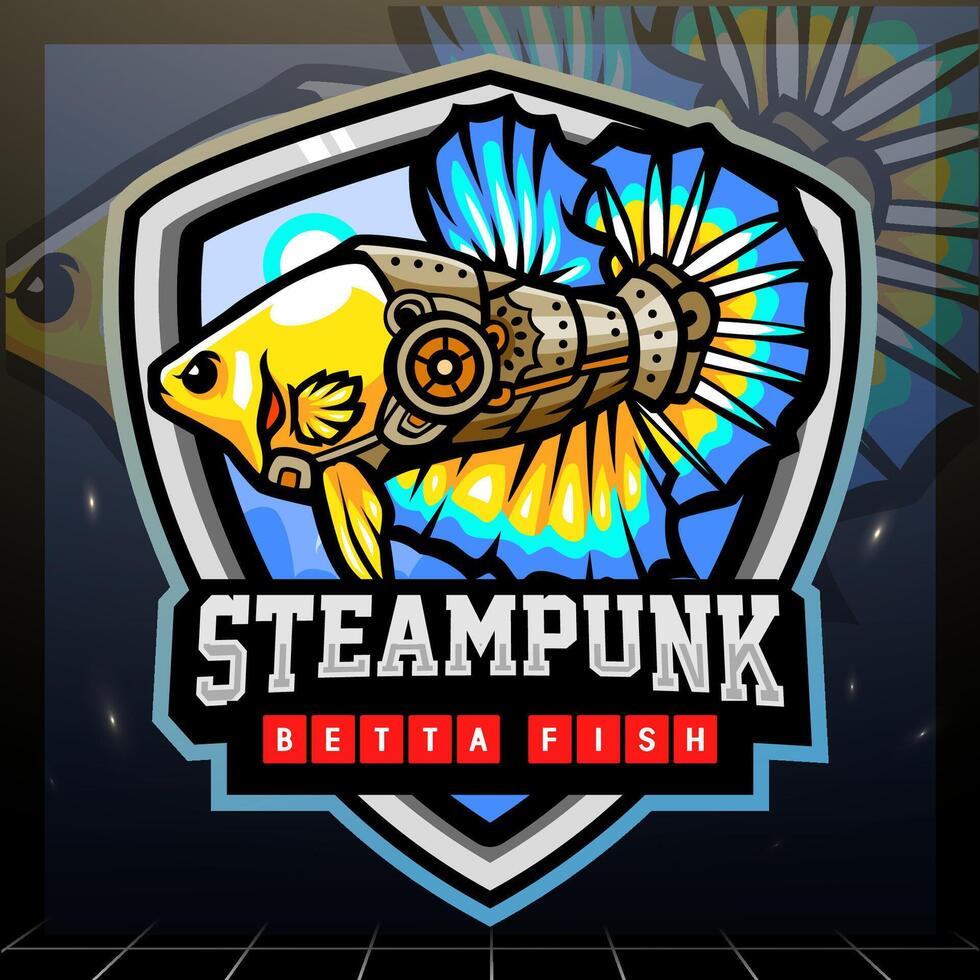 Steampunk betta fish mascot esport logo design. illustration vector