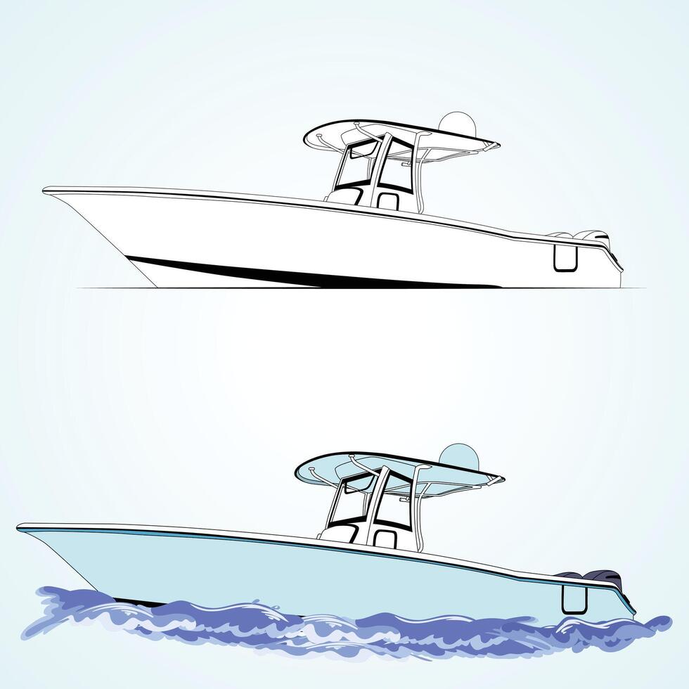 Ocean boat line art and illustration vector