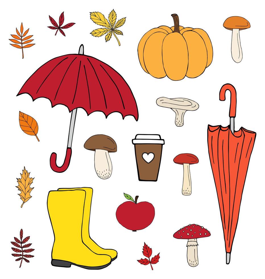 Set of hand drawn doodle autumn elements isolated vector