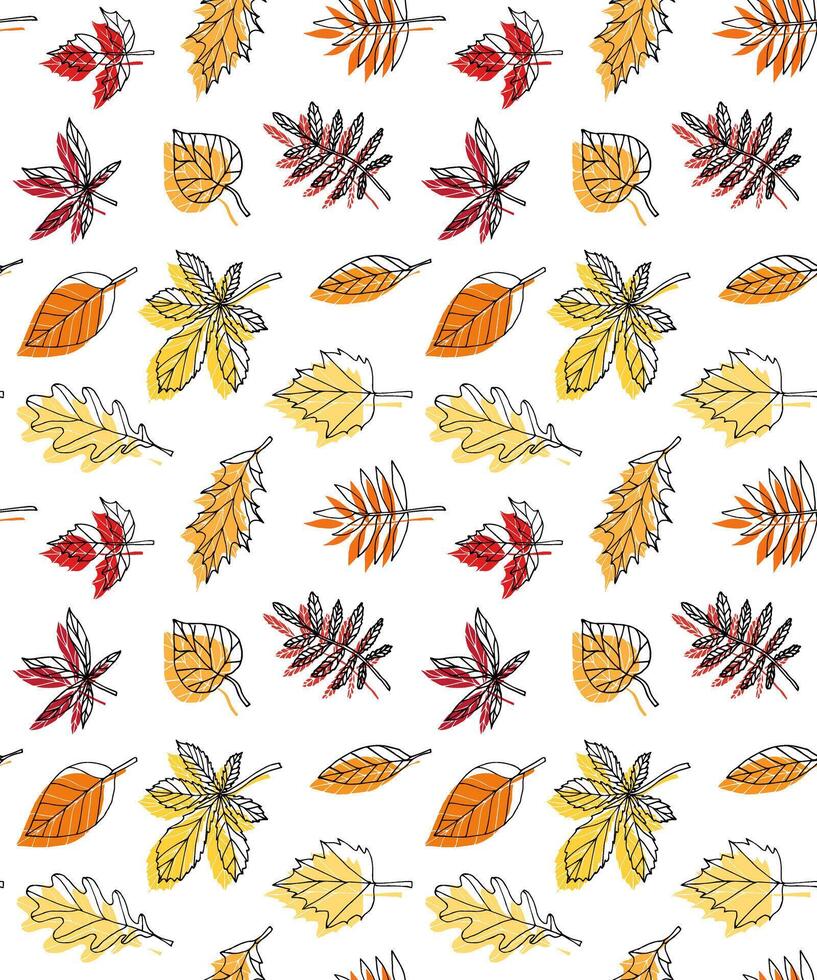 Seamless pattern of different color hand drawn doodle sketch autumn leaves isolated on white vector