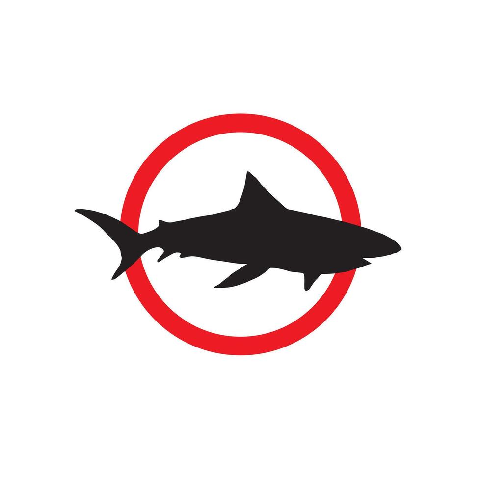 Flat warning sign with shark silhouette in red circle isolated on white vector