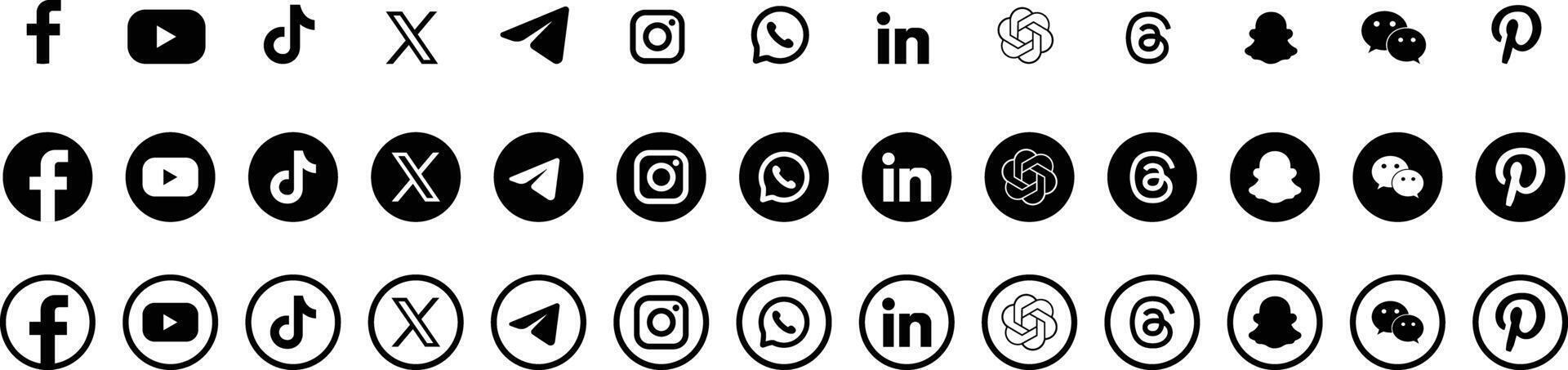 Collection of black social media logo icons including Facebook, Instagram, X, TikTok, LinkedIn, and more, for editorial use. Social Media Icon Set. vector
