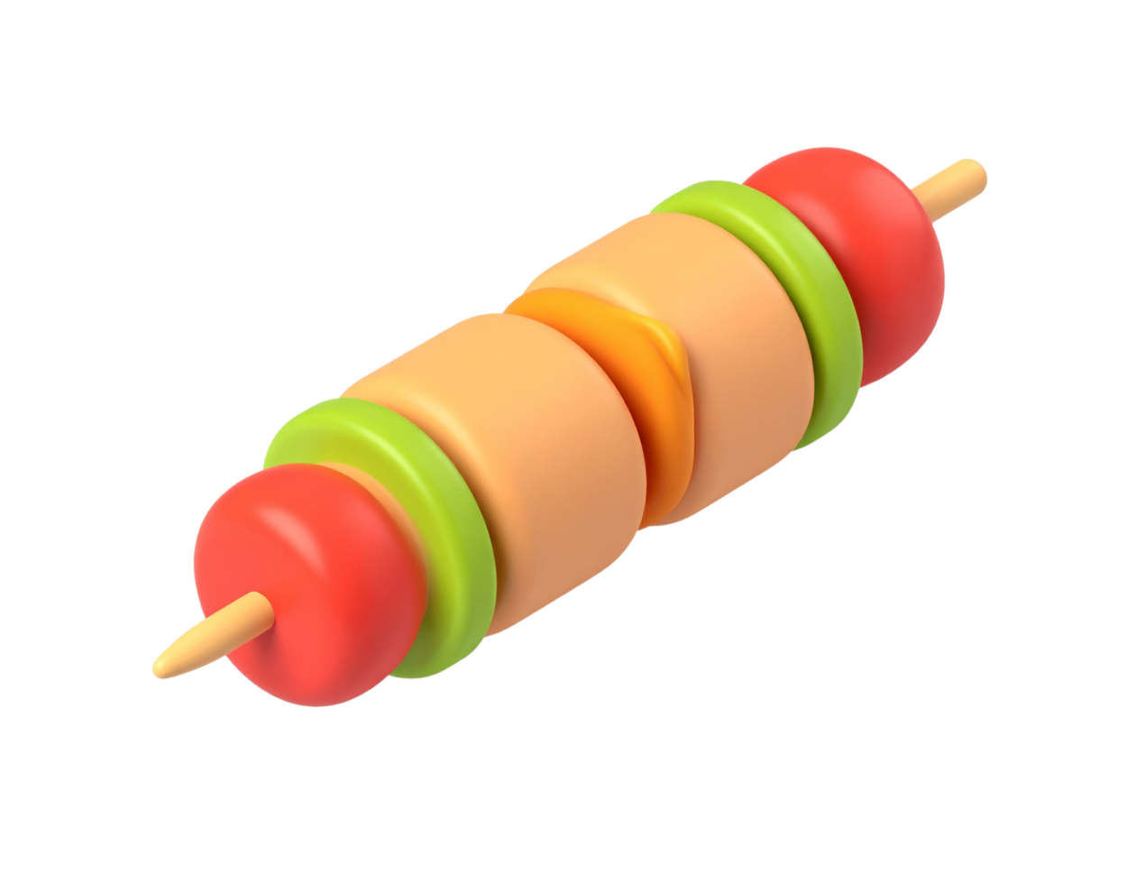 Skewer of food with a red, yellow, and green piece of meat. The skewer is made of wood png