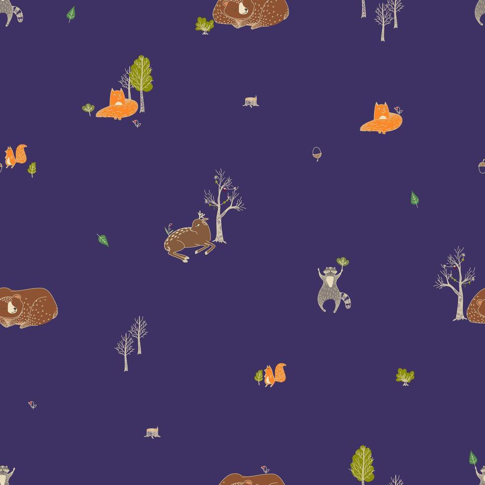 Seamless pattern with hand drawn wild forest animals vector