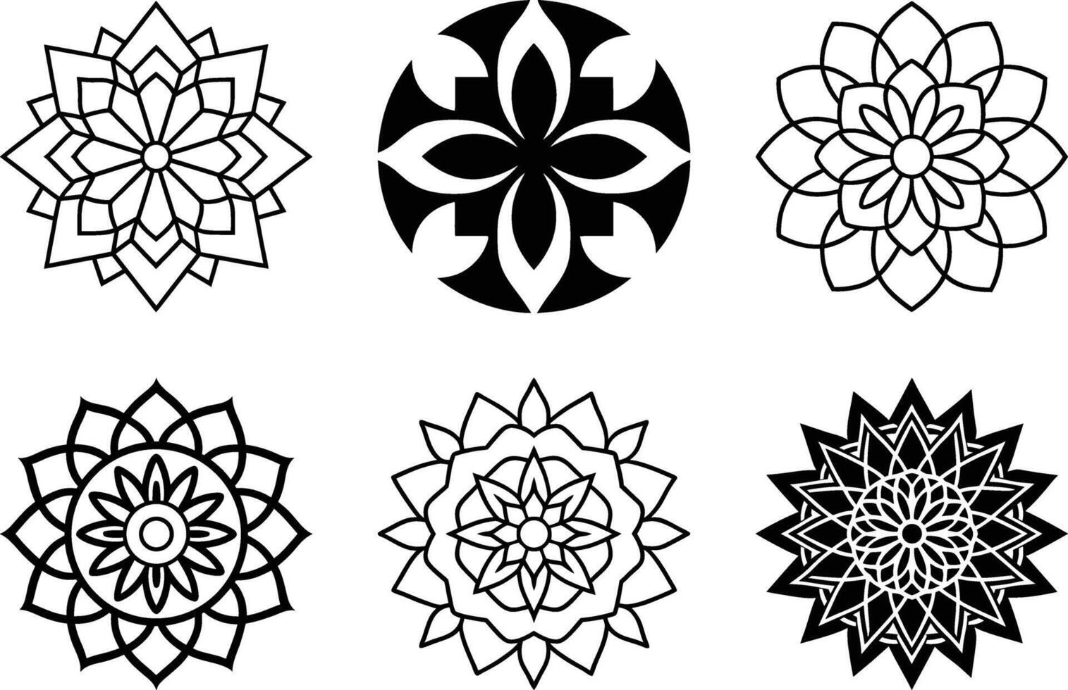 Set of 6 Black and White Mandala Designs, Intricate Line Art Mandala, Silhouette Mandala , Symmetrical Floral Pattern, Yoga Art, Meditation Mandala, Boho Ornamental Decoration vector