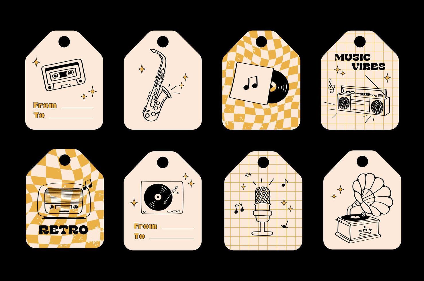 Retro Music Gift Tags Set Vinyl, Saxophone, Cassette, Microphone, Gramophone. A stylish collection of retro music themed gift tags with classic instruments and audio media. vector