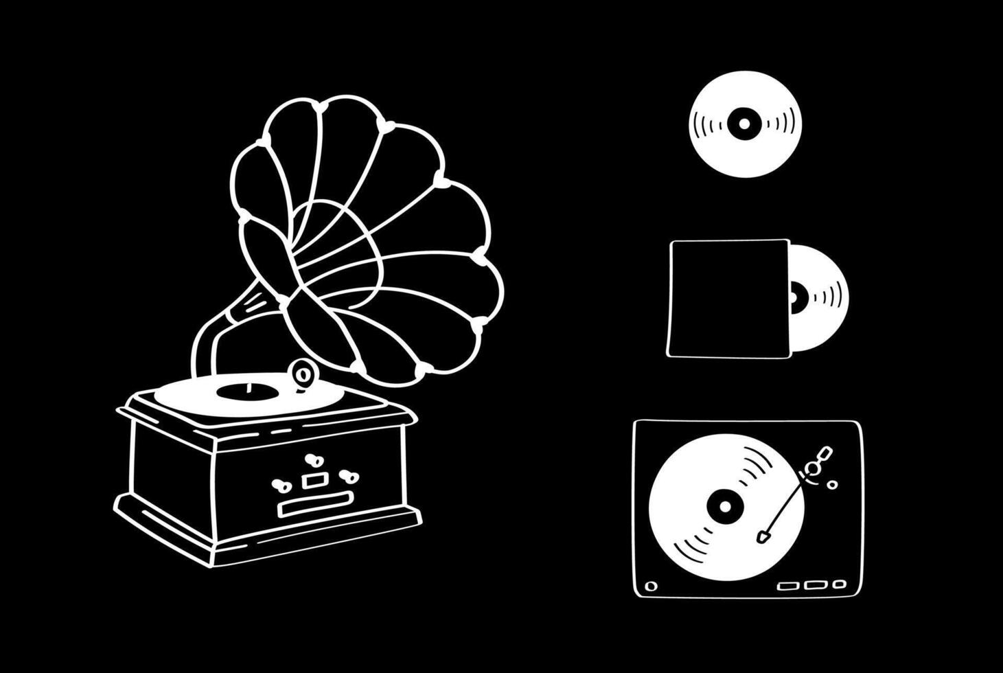 Vintage music doodle set gramophone, vinyl record, turntable in white outline on black background vector