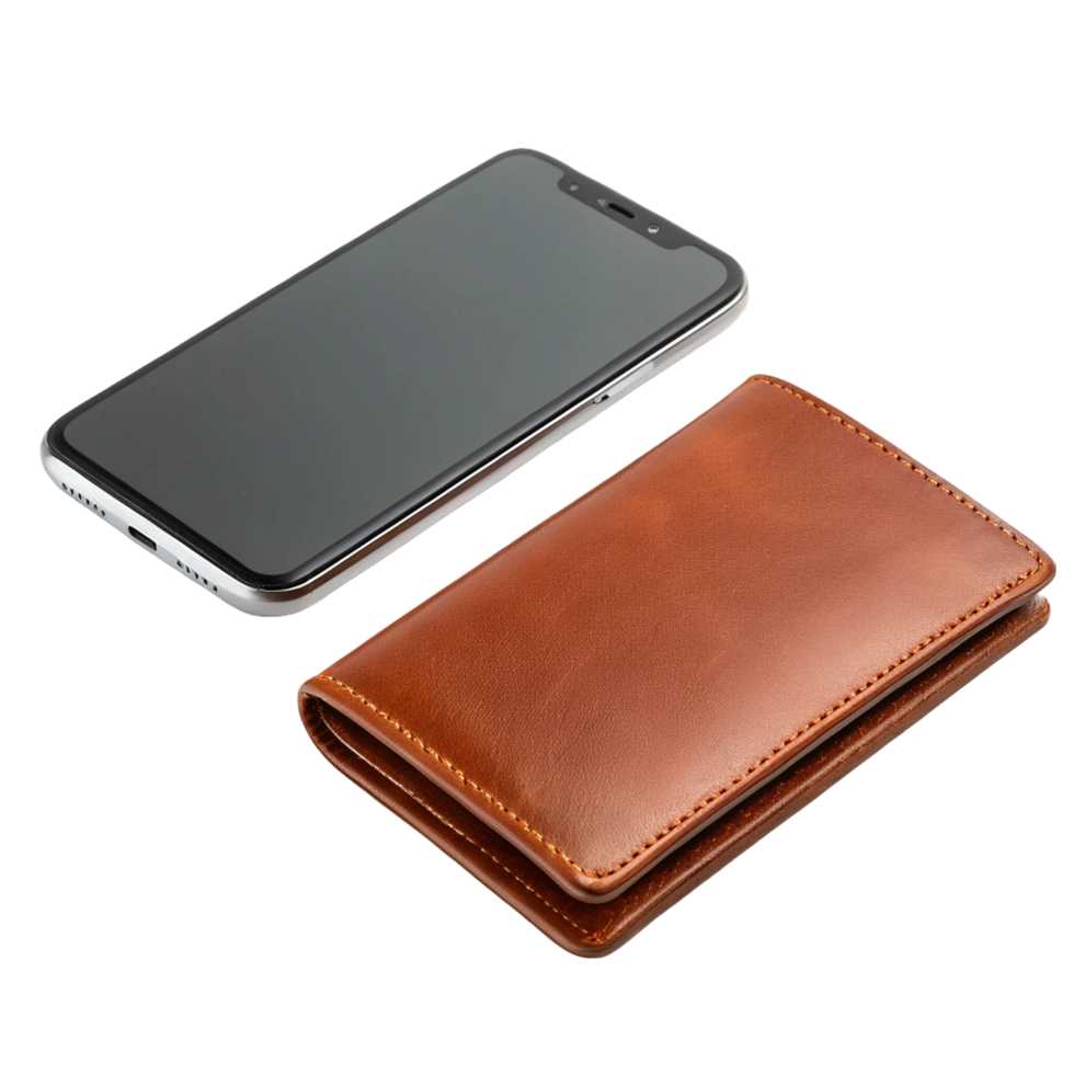 smart phone and brown wallet png