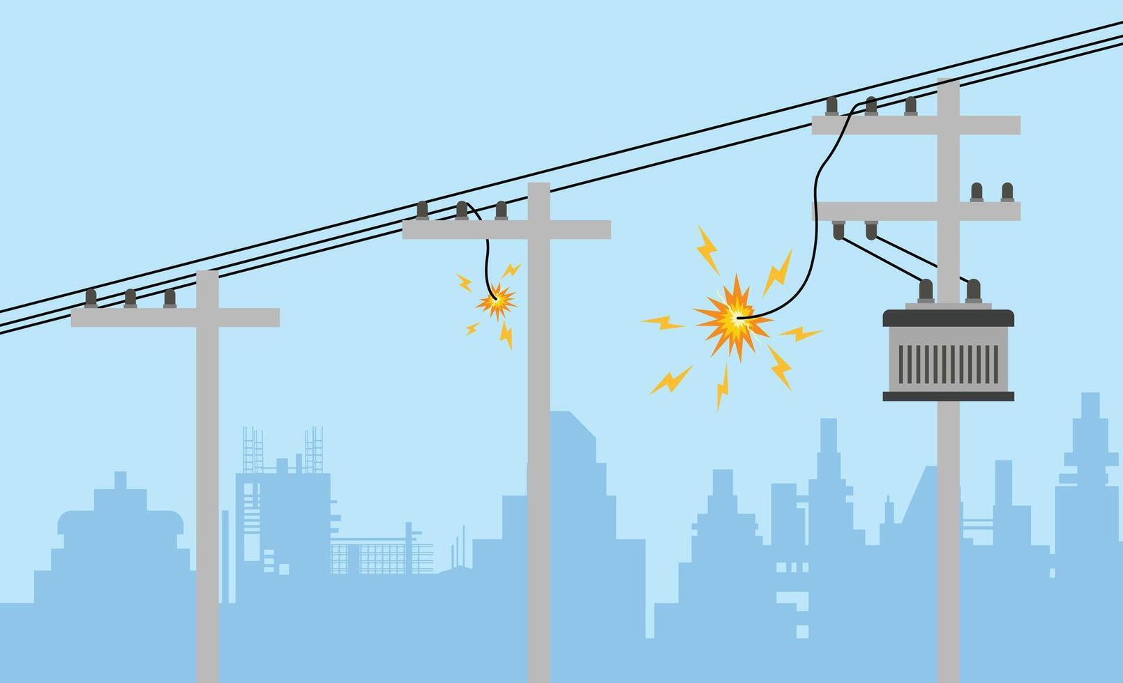 Damaged Utility Pole Sparks Dangerous Short Circuit, Electrical Sparks on Power Lines, Illustration vector