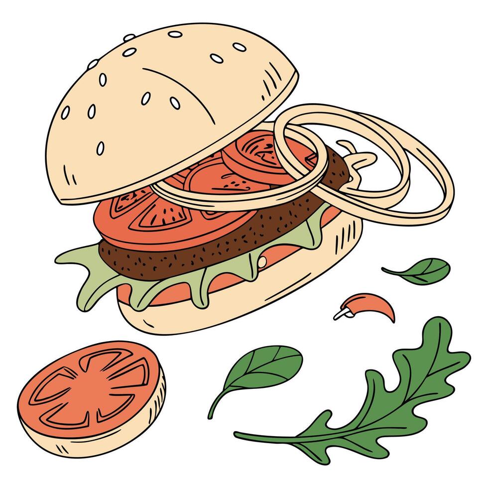 Veggie Burger Icon in Flat Simple Minimal Line Design vector