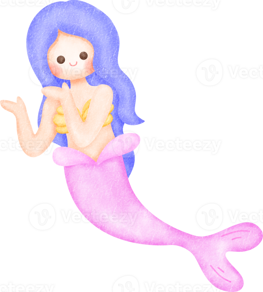 Watercolor Illustration of Mermaid with Purple Hair png