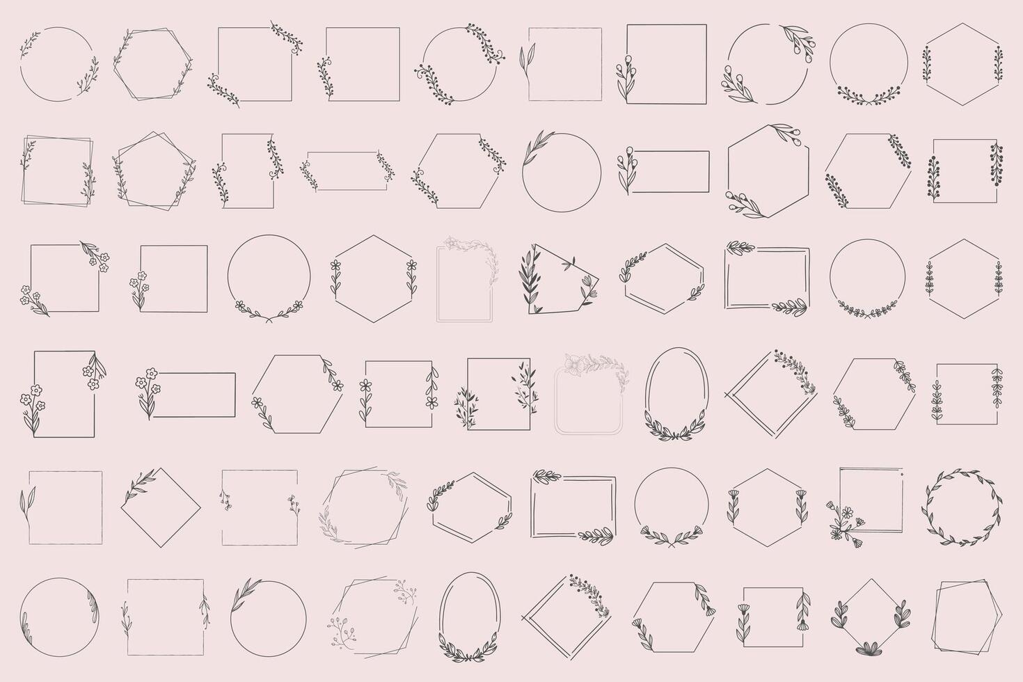 Elegant Floral Geometric Frame Clipart Set Circle, Square, Hexagon, Oval, Diamond, Border vector