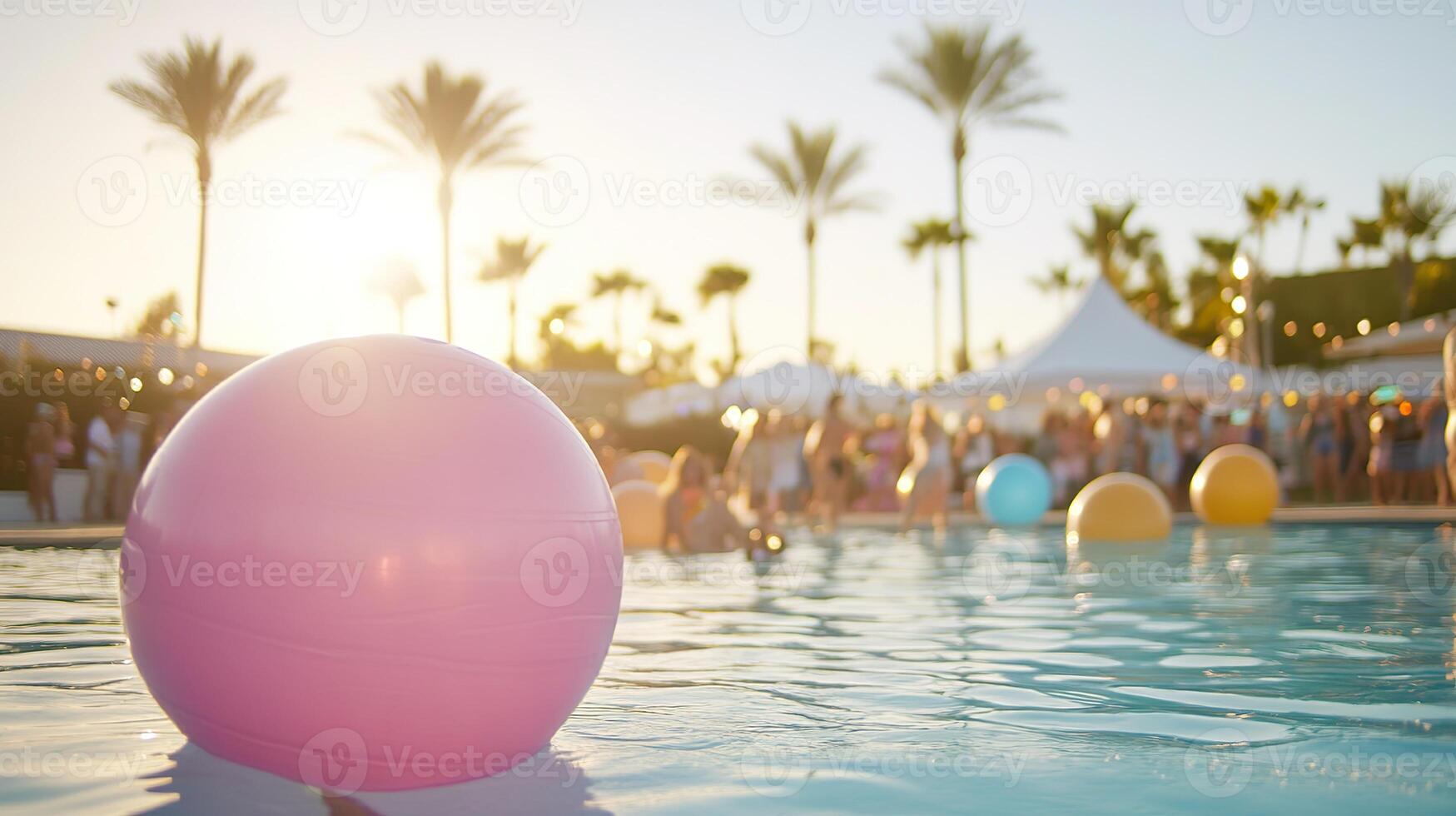 Vibrant pool party with beach balls and tropical palms at sunset. photo