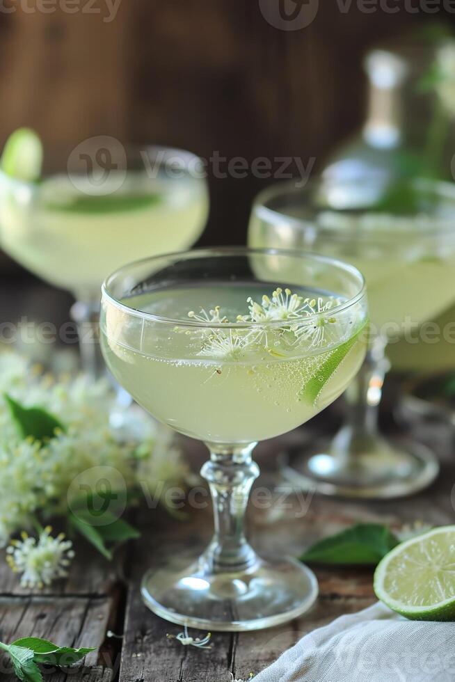 Sparkling elderflower cocktails with lime and fresh green garnish. photo