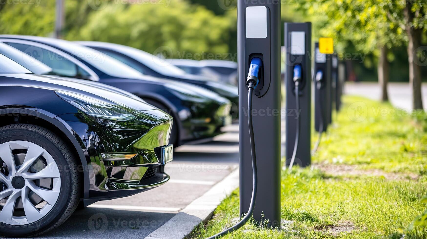 Electric Cars Charging at Station in Sunlit Parking Lot. photo