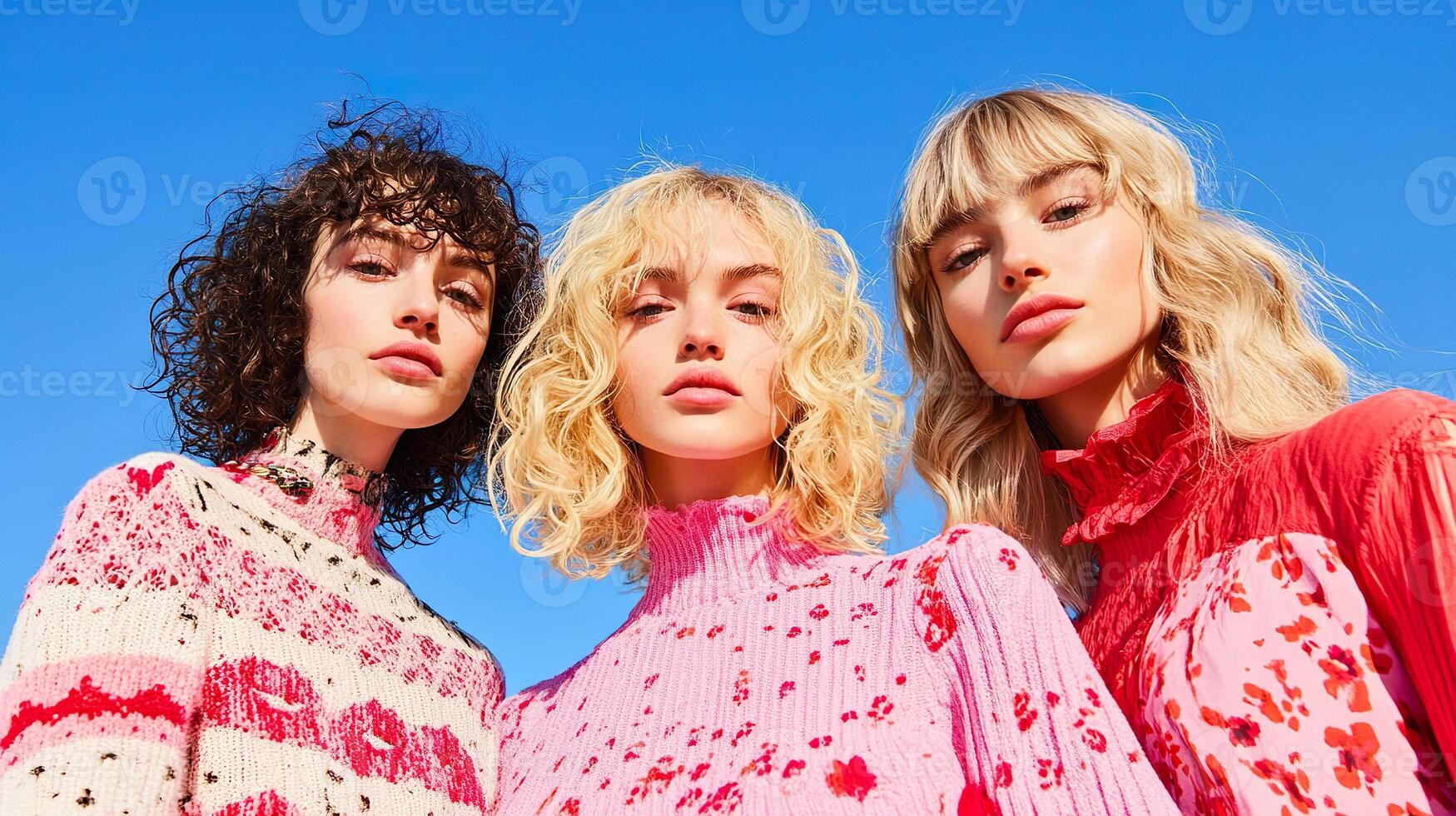 Trio of Caucasian women dressed in pink outfits stand against a bright blue sky photo